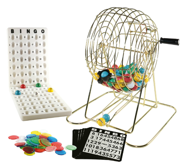 Bingo set - 21 cm metal cage, 75 balls, master board, chips & cards